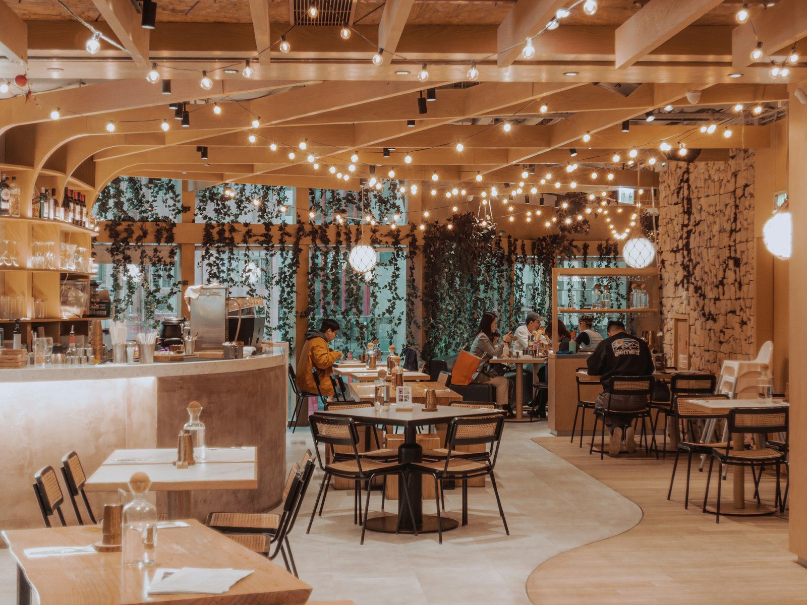 A warmly lit dining space